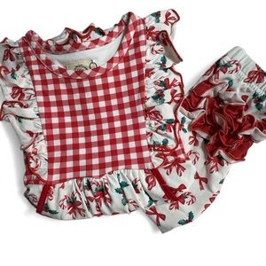 Olive Mae Christmas Outfit 3T – Gingham Peppermint Ruffle Dress & Leggings Set
